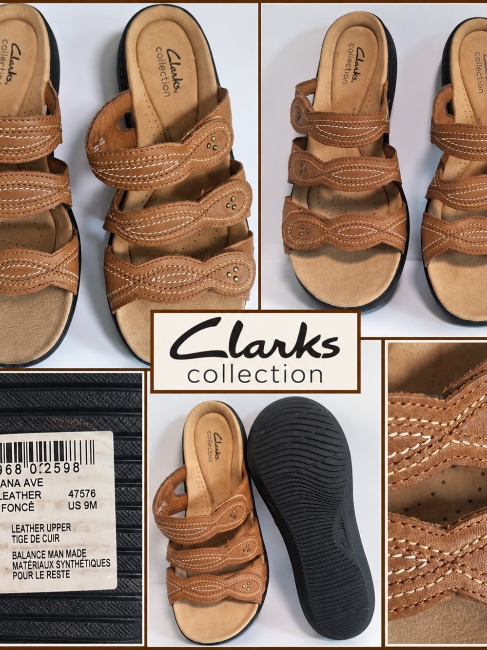 Clarks Brown Triple-Strap Leather Women's Comfort Sandals